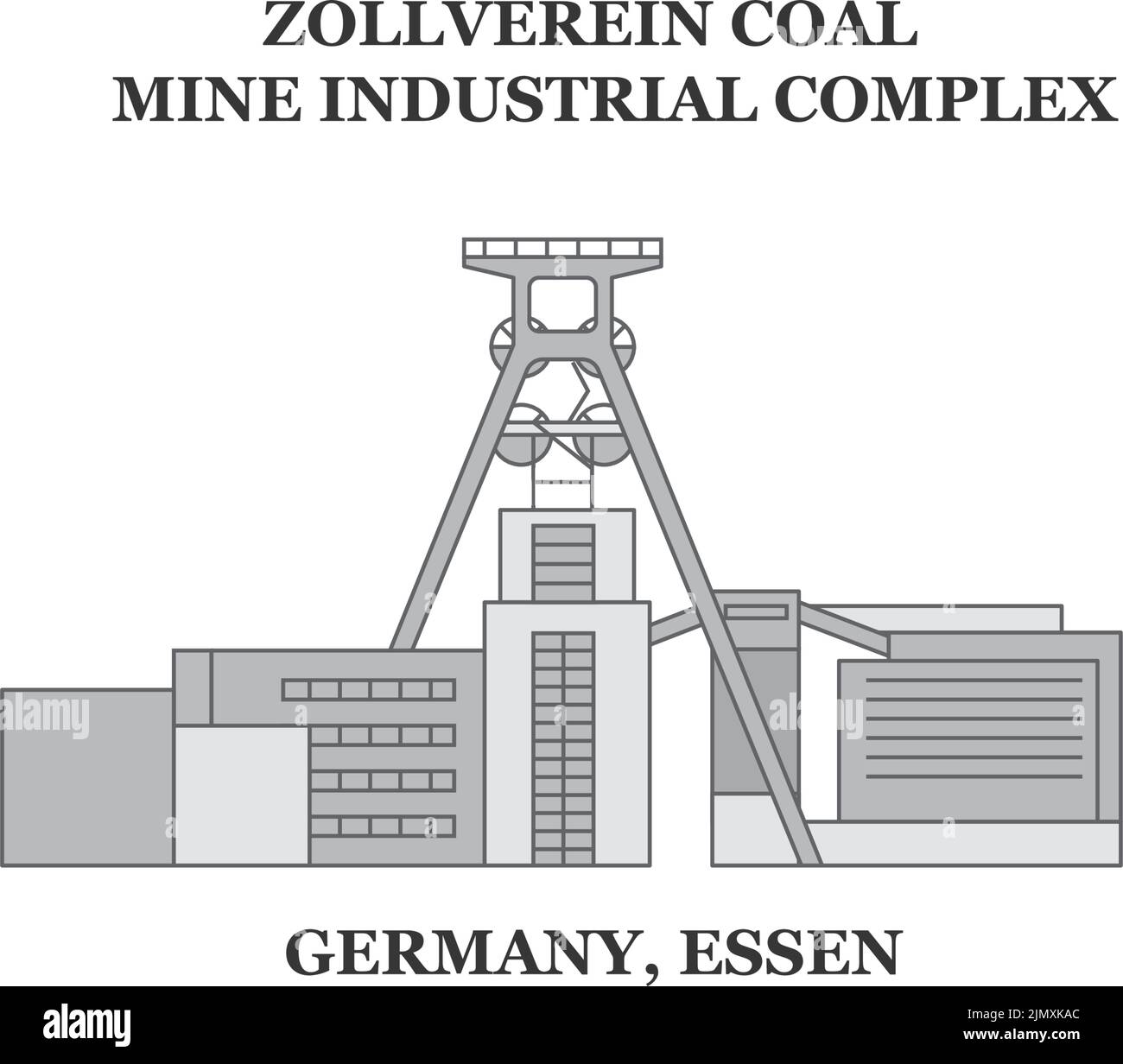 Allemagne, Essen, Zollverein Coal Mine complexe industriel ville Skyline illustration vectorielle isolée, icônes Illustration de Vecteur