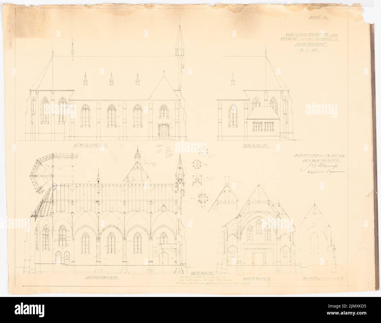 Klomp Johannes Franziskus (1865-1946), Saint-Laurentius, Rudersdorf près de Wilnsdorf (13 juillet 1909) : vue latérale, vue de la sacristie, longitudinale et transversale, détails 1 : 100. Lithographie sur papier, 59,9 x 76,7 cm (y compris les bords de numérisation) Banque D'Images