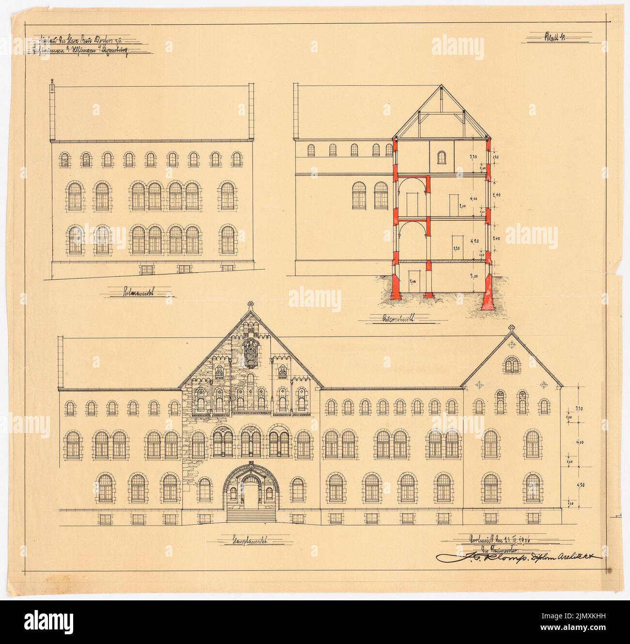 Klomp Johannes Franziskus (1865-1946), coeur de Jésus Kloster, cinq fontaines près d'Ulflingen (Troisvierges) / Luxembourg (23 avril 1906): Vue latérale, vue principale et coupe (1: 200). Tuche aquarelle sur transparent, 55 x 57,7 cm (y compris les bords du balayage) Banque D'Images