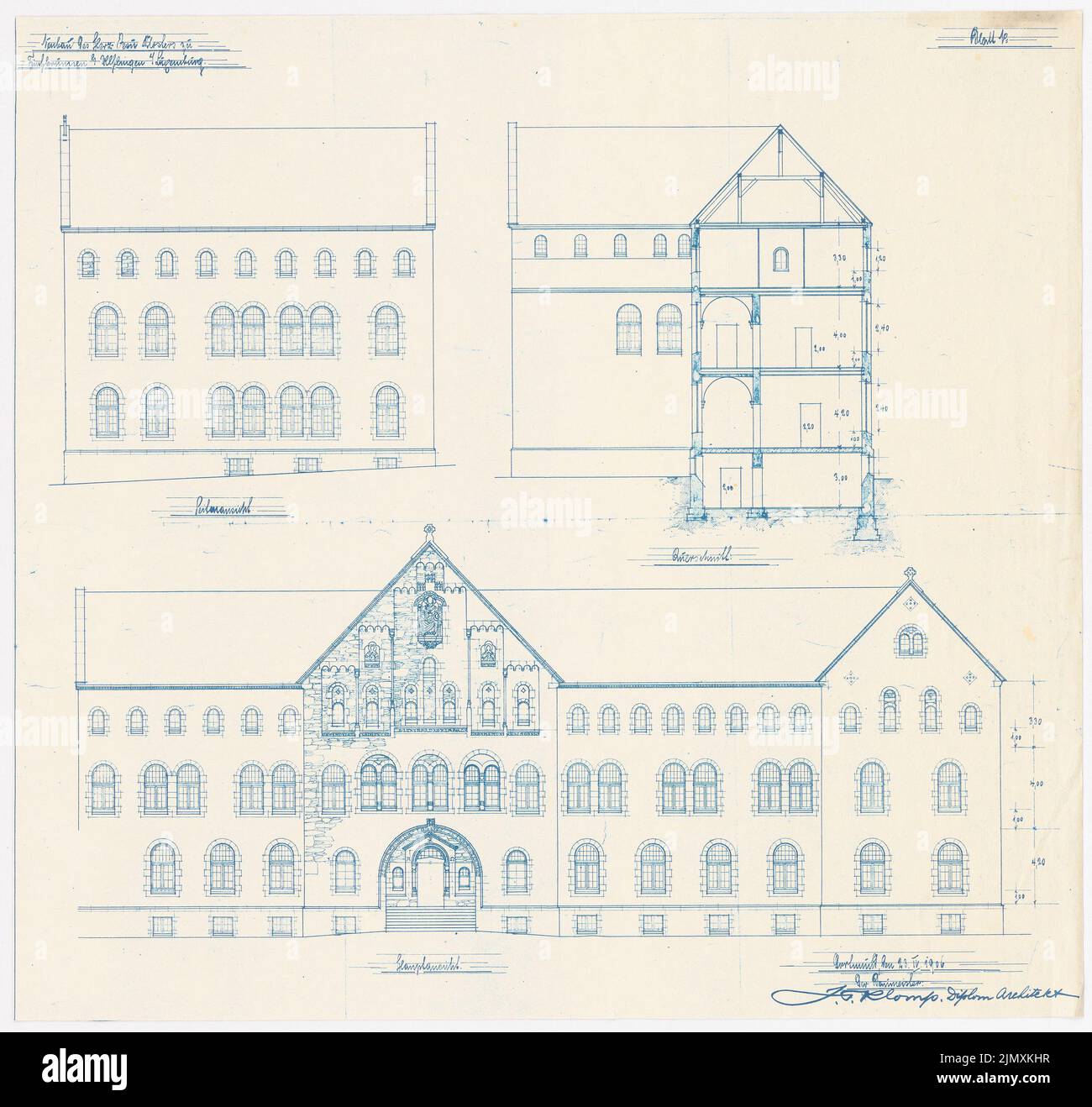 Klomp Johannes Franziskus (1865-1946), coeur de Jésus Kloster, cinq fontaines près d'Ulflingen (Troisvierges) / Luxembourg (23 avril 1906): Vue latérale, vue principale et coupe (1: 200). Photocalque sur papier, 51 x 53,9 cm (y compris les bords de numérisation) Banque D'Images