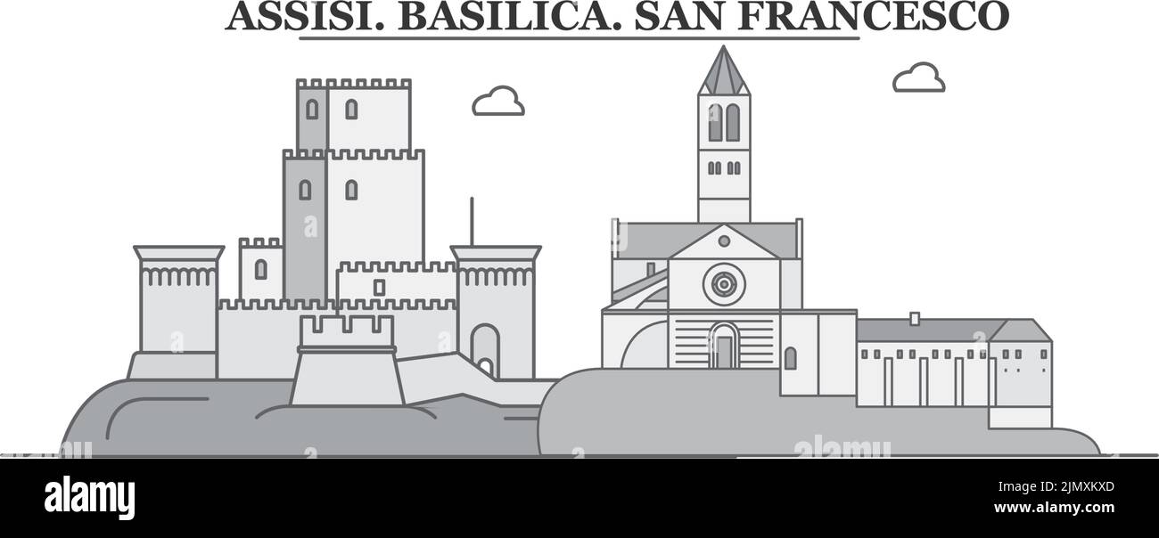 Italie, ville d'Assise Skyline illustration vectorielle isolée, icônes Illustration de Vecteur