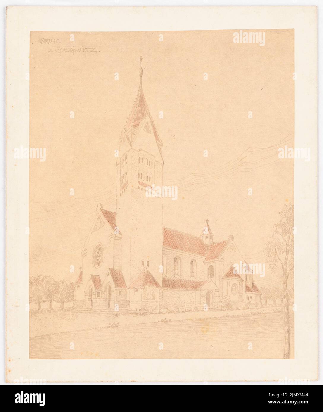 Klomp Johannes Franziskus (1865-1946), Église catholique, Seichwitz (1910-1910) : vue de l'église dans le sud-ouest. Crayon de couleur sur une cassure du papier, 36 x 30,1 cm (y compris les bords de numérisation) Banque D'Images