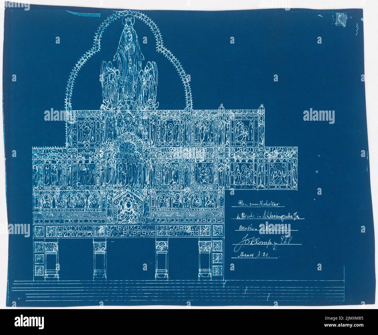 Klomp Johannes Franziskus (1865-1946), église avec intérieur et presbytère à Chropaczow (anciennement fosse de Silésie) (26 juin 1912): Vue du haut autel 1:20. Photocalque sur papier, 27,2 x 33,3 cm (y compris les bords de numérisation) Banque D'Images