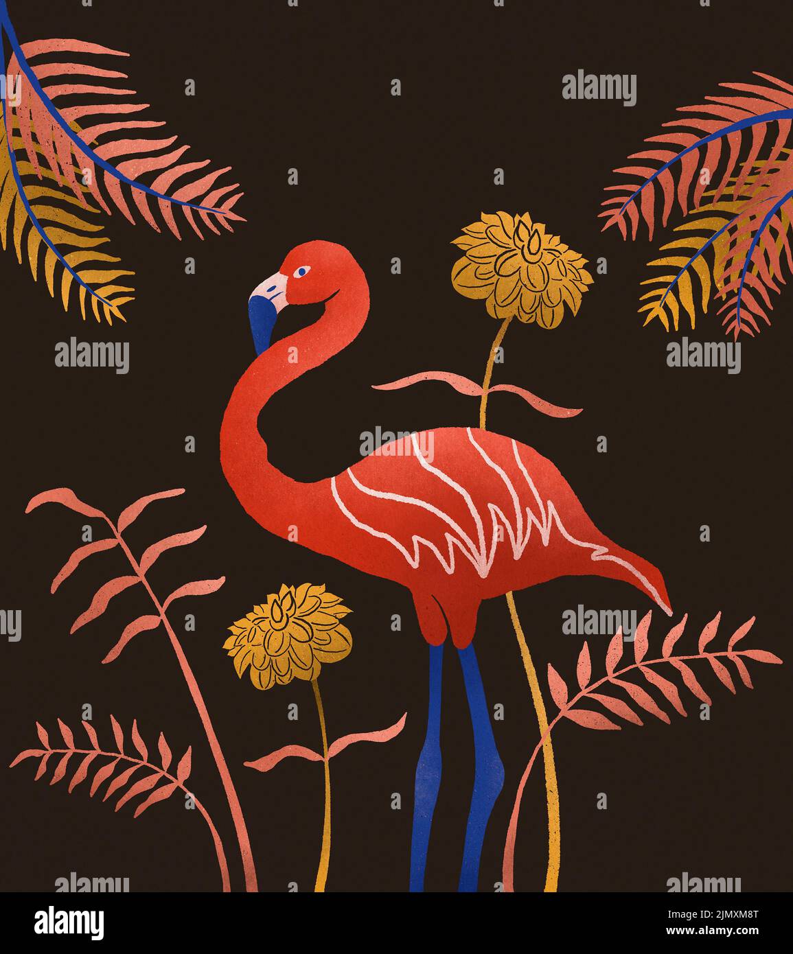 Illustration de l'art numérique américain Flamingo Bird à thème tropical avec fond sombre. Motif oiseau de couleur rouge ou rose vif. Motif fleuri et texturé Banque D'Images
