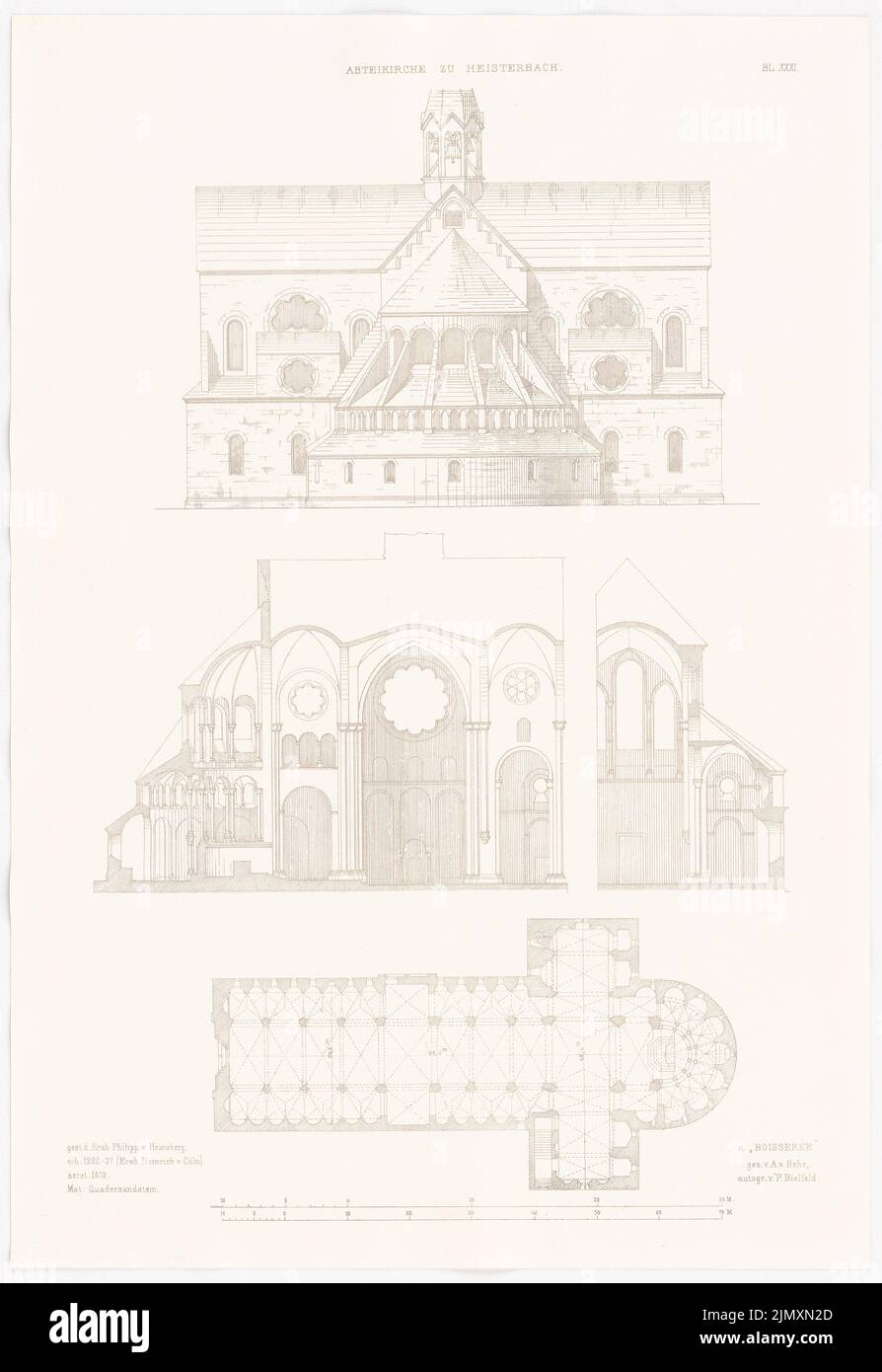 N.N., Église de l'Abbaye à Heisterbach. (Depuis : Altchristl. U. Roman. Construction, éd. V. sortie des caractères d. Etud. TH Berlin, 1875) (1875-1875): Vue, vue transversale, plan d'étage. Impression sur papier, 52,2 x 35,9 cm (bords de numérisation inclus) Banque D'Images