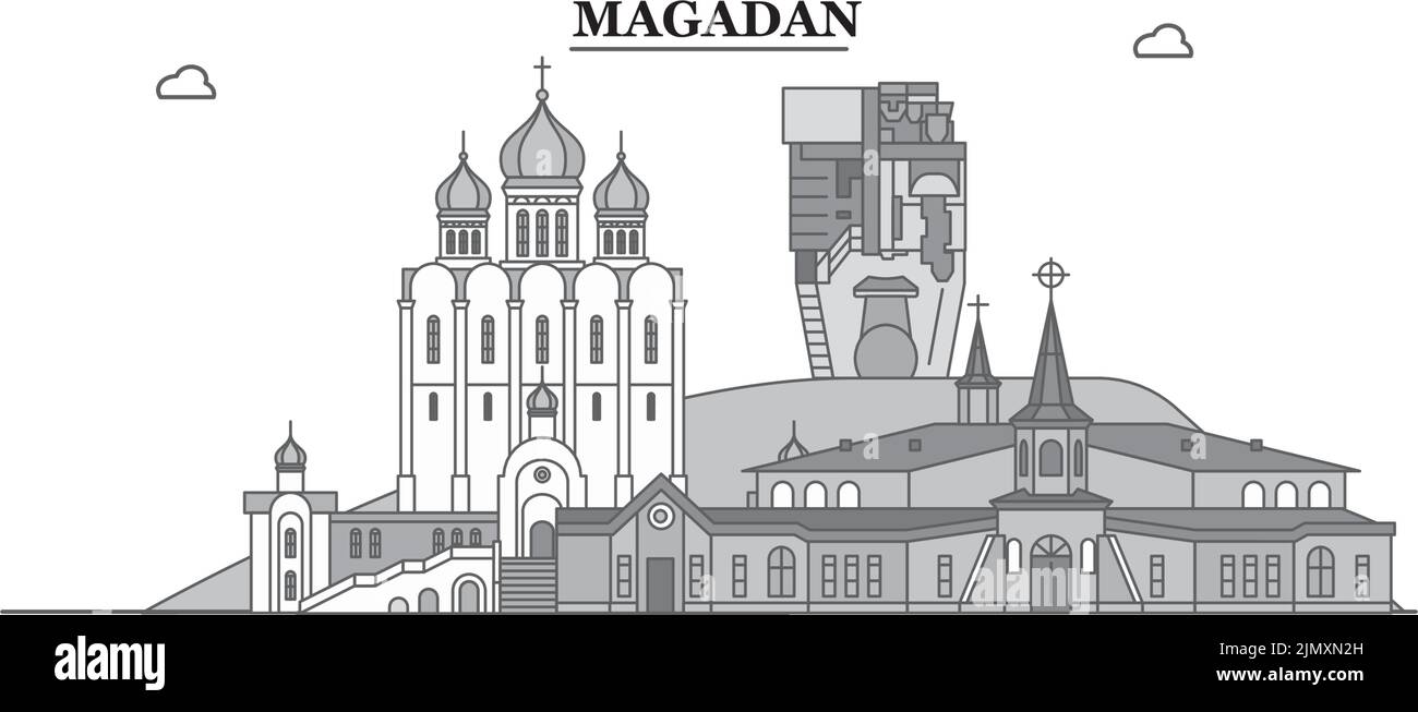 Russie, horizon de la ville de Magadan illustration vectorielle isolée, icônes Illustration de Vecteur