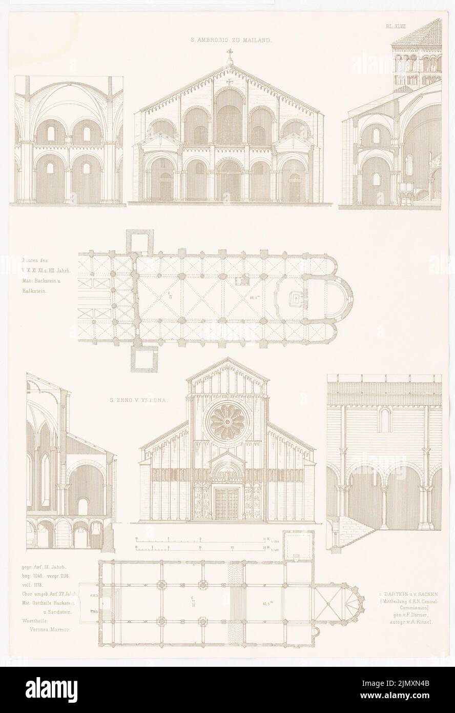 N.N., S. Ambrogio à Milan. S. Zeno à Vérone. (Depuis : Alintchristl. U. Roman. Bâtiment, Ed. Excès de caractères D. Stud. D. TH Berlin, 1875) (1875-1875): Vue, coupe transversale, coupe longitudinale, plan d'étage S. Abrogio, vue, coupe transversale, coupe longitudinale, plan d'étage S. Zeno. Pression sur le papier, 52,8 x 36,1 cm (y compris les bords de numérisation) Banque D'Images