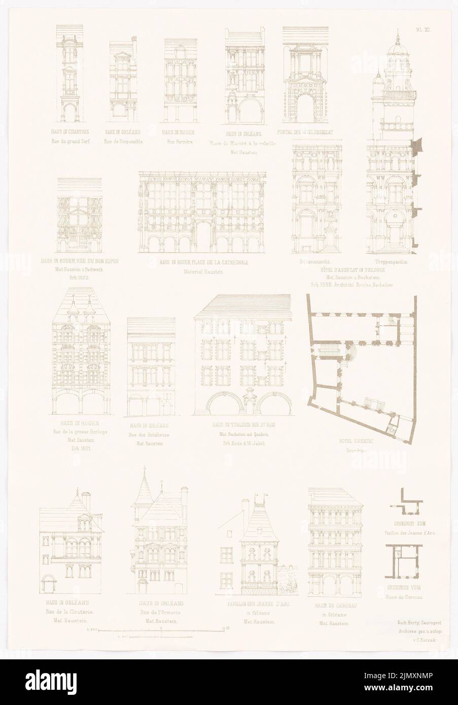 N.N., Maison à Chartres, Rouen et Toulouse. Maisons d'Orléans. Pavillon de la Jeanne d’Arc. Maison du Cerceau. (Depuis : Baukunst d. Renaissance in France, éd. (1875-1875): Vues. Pression sur le papier, 52,3 x 36,3 cm (y compris les bords de numérisation) Banque D'Images