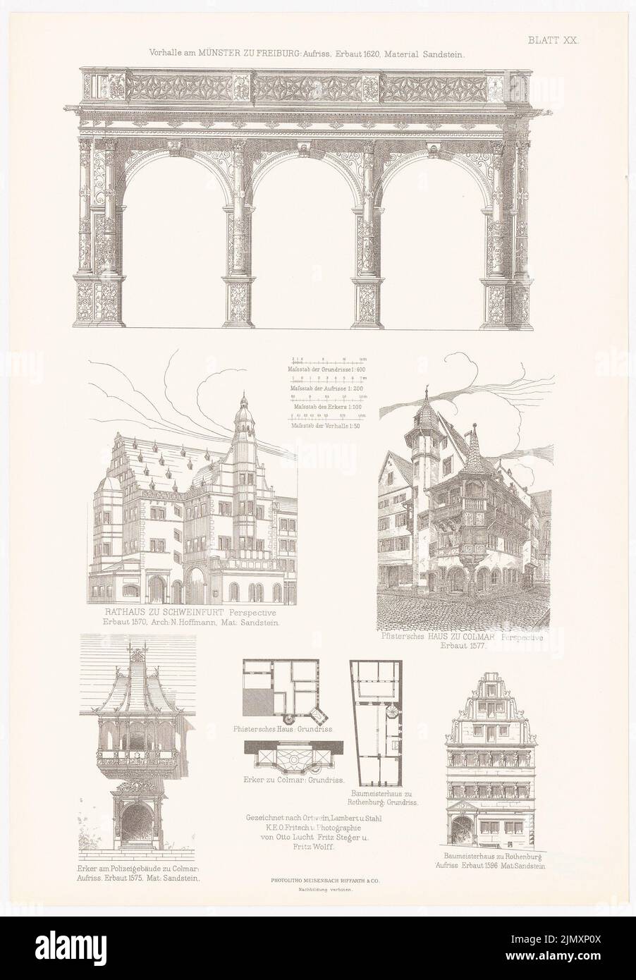 N.N., Münster zu Freiburg. Rathaus Schweinfurt. Bâtiment de police, Colmar. Baumeisterhaus, Rothenburg/Tauber. (Depuis : Baukunst d. Renaissance en Allemagne, HRS (1875-1875): Vue Vorhalle Münster, vues en perspective Schweinfurt, Colmar plan d'étage Détails Maison à Colmar, vue Colmar, Rothenburg. Pression sur papier, 53,2 x 37 cm (avec Bords de numérisation) Banque D'Images