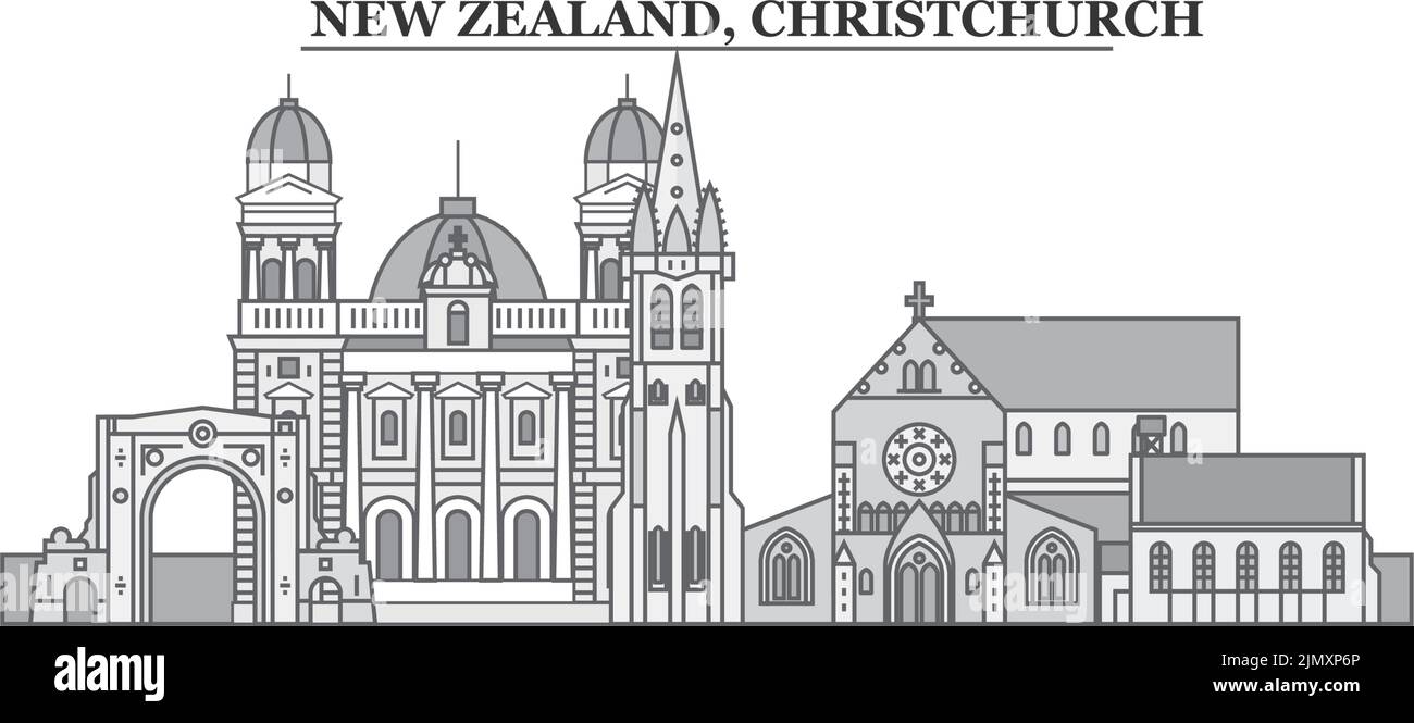 Nouvelle-Zélande, ville de Christchurch, illustration vectorielle isolée, icônes Illustration de Vecteur