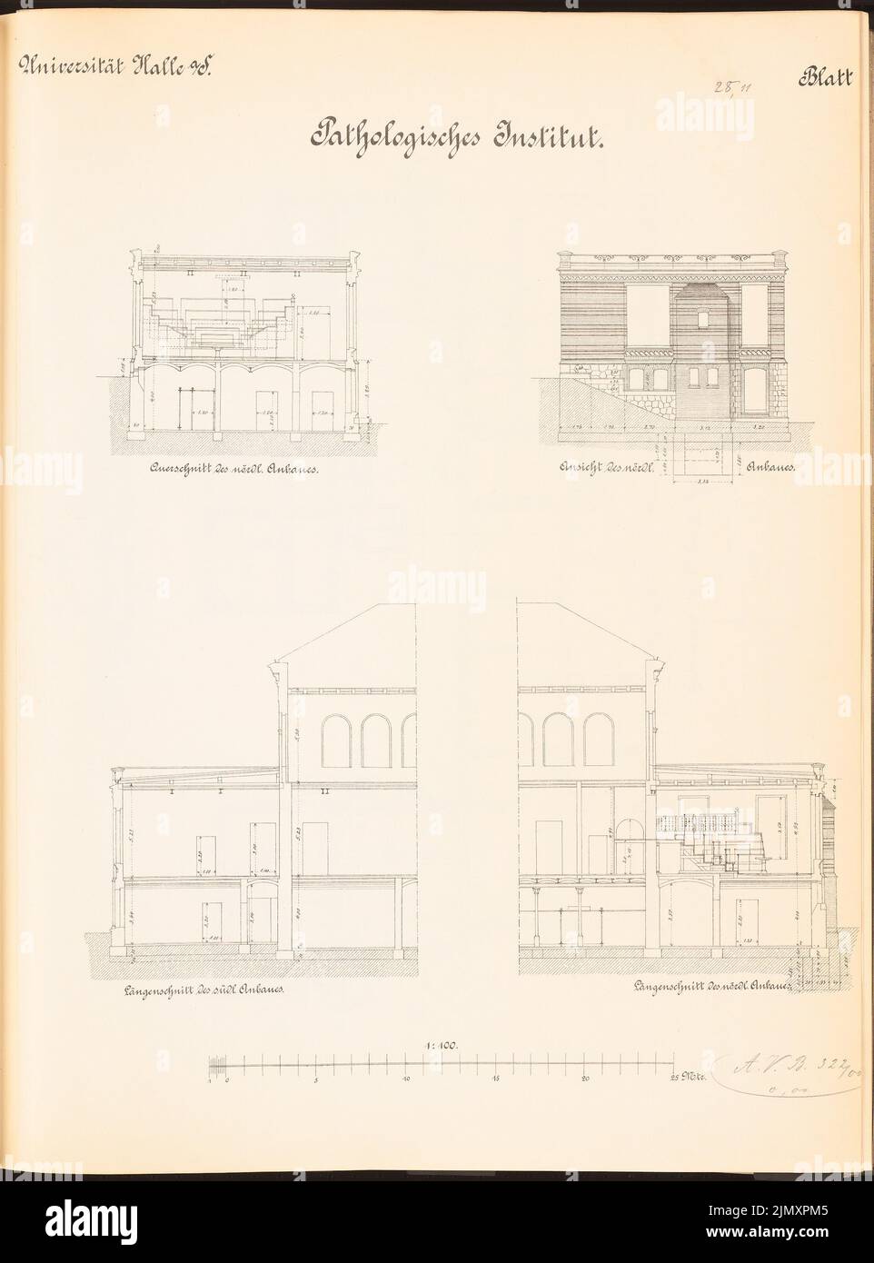 Architecte inconnu, institut pathologique de l'Université Martin Luther Halle/Saale. Expansion (1898-1899): Coupe transversale, vue de l'extension nord, 2 coupes de longueur 1: 100. Lithographie sur papier, 65,7 x 48,7 cm (y compris les bords de numérisation) Banque D'Images