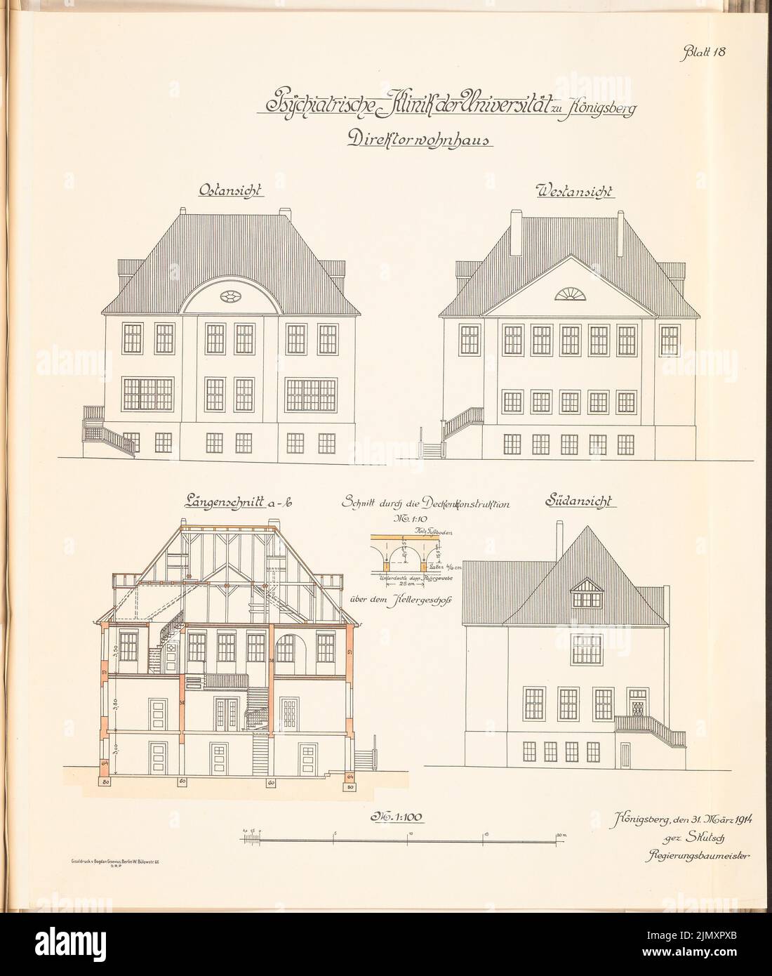 Clinique psychiatrique de l'Université Albertus Königsberg: Maison du directeur: 3 vues, section longitudinale 1: 100 Banque D'Images