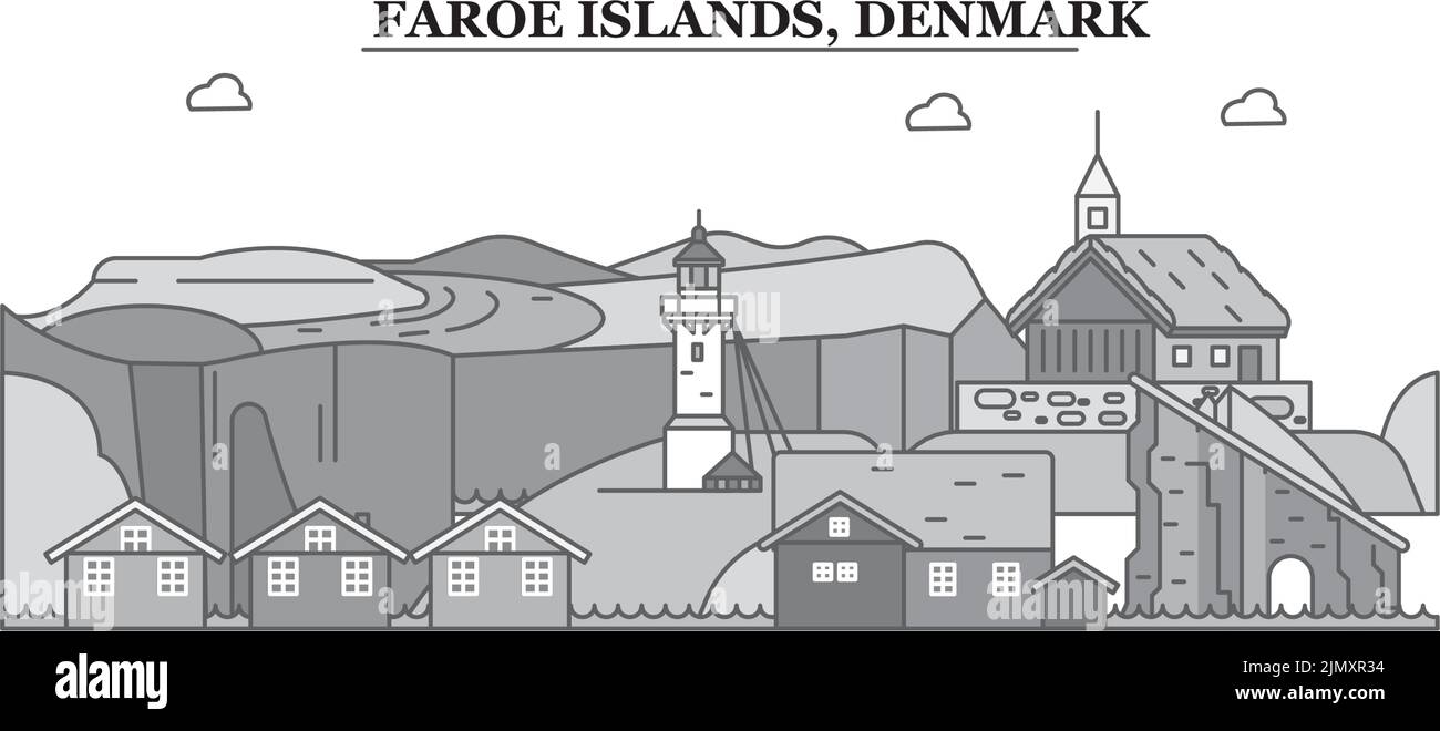 Danemark, Îles Féroé ville horizon illustration vectorielle isolée, icônes Illustration de Vecteur