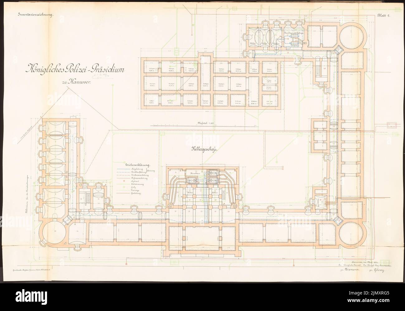 Zastrau, quartier général de la police à Hanovre (env 1903): Plan d'étage KG 1: 100. Lithographie colorée sur papier, 72 x 103,1 cm (y compris les bords de numérisation) Banque D'Images