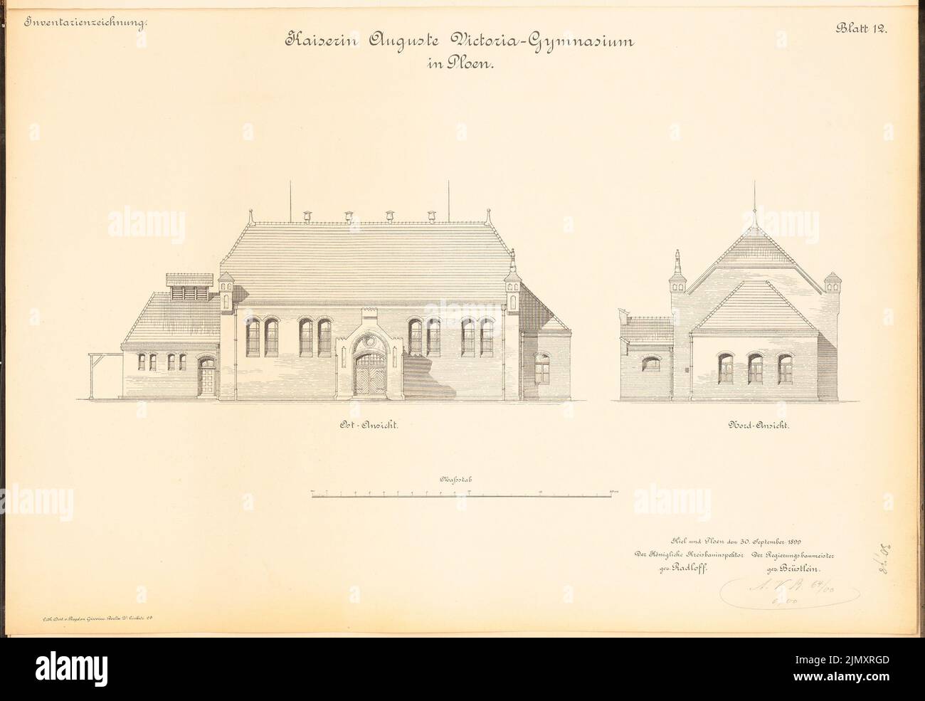 Architecte inconnu, Kaiserin-Auguste-Viktoria-Gymnasium à Plön (env 1899-1903): Gymnase: Vue de l'est et de l'Ouest 1: 100. Lithographie sur papier, 44,8 x 65 cm (y compris les bords de numérisation) Banque D'Images