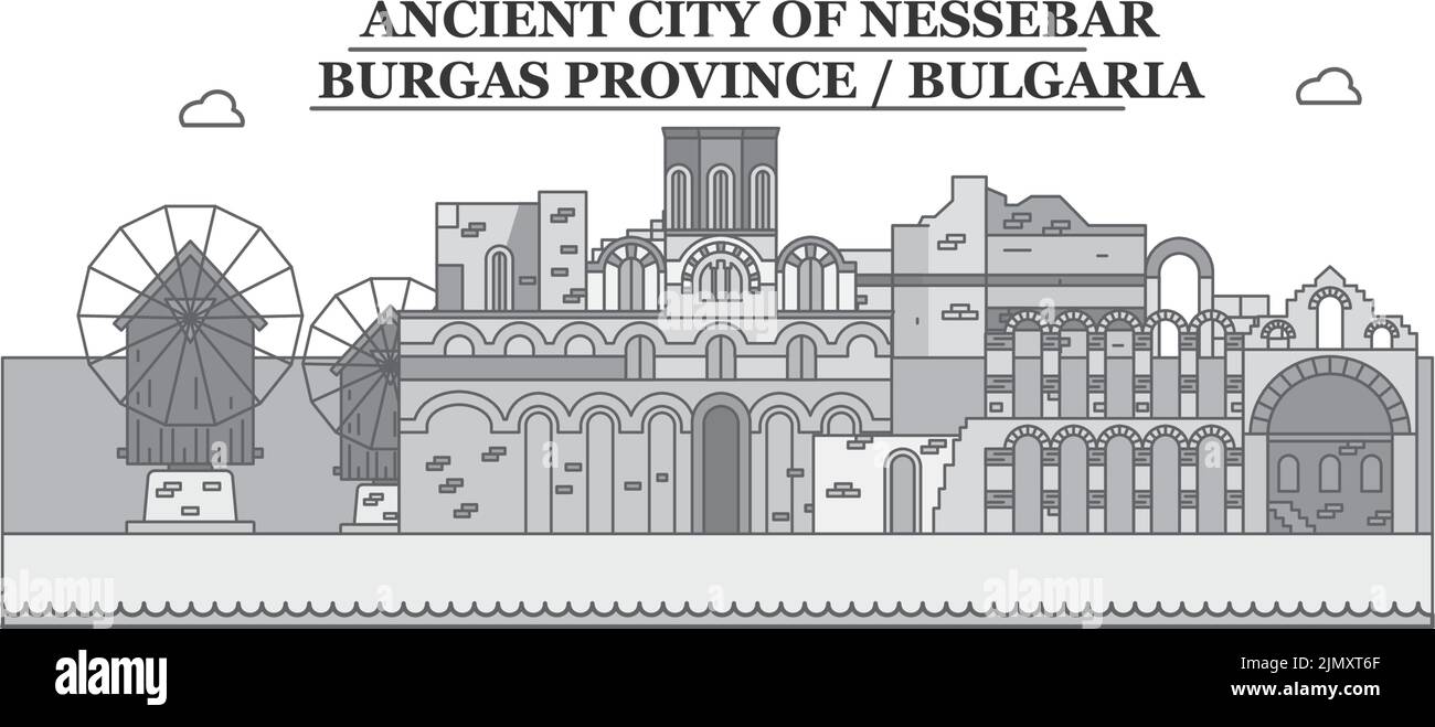 Bulgarie, Nessebar ville horizon illustration vectorielle isolée, icônes Illustration de Vecteur