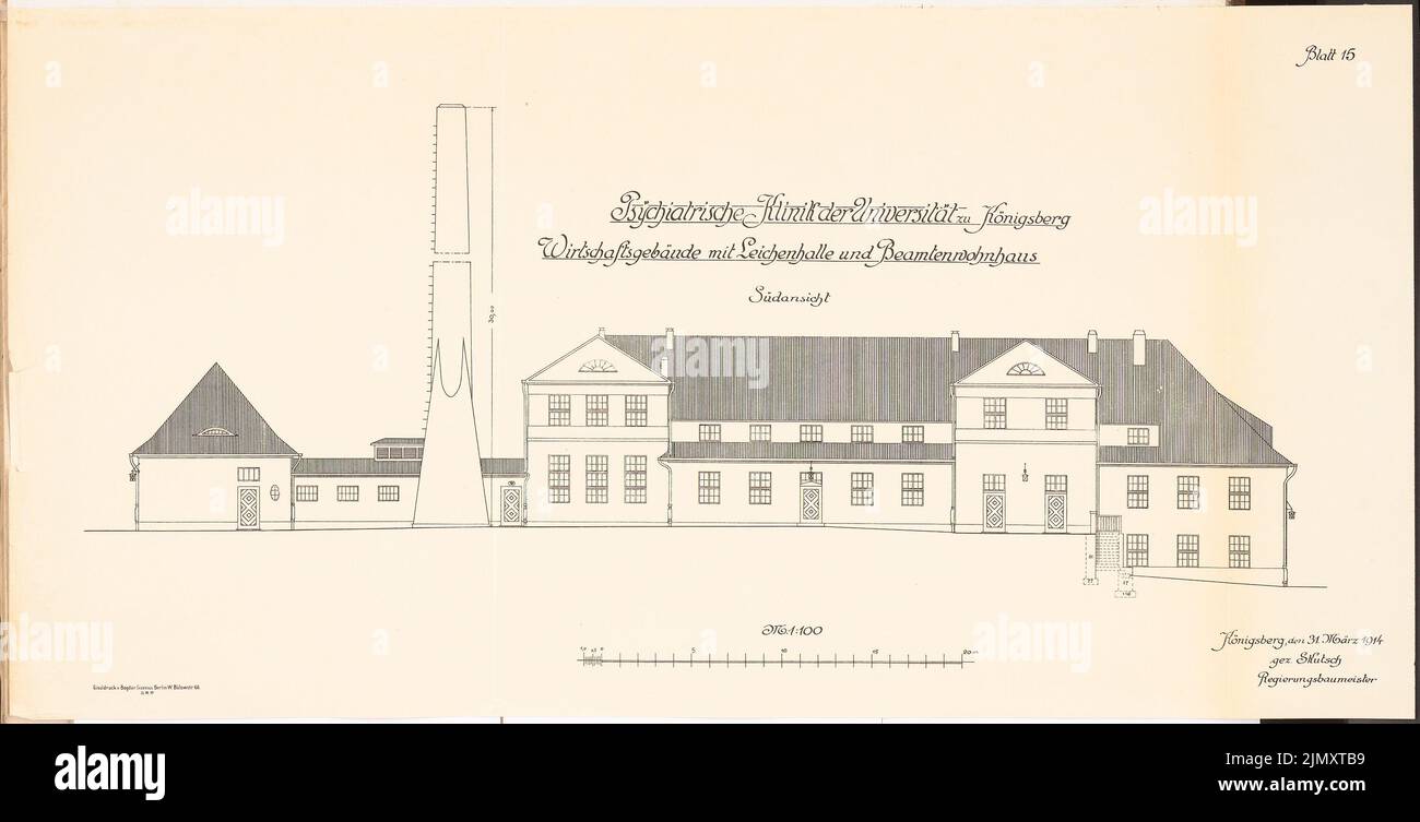 Architecte inconnu, clinique psychiatrique de l'Université Albertus Königsberg (env 1914-1918): Vue du Sud 1: 100. Lithographie sur papier, 40,1 x 78,6 cm (y compris les bords de numérisation) Banque D'Images