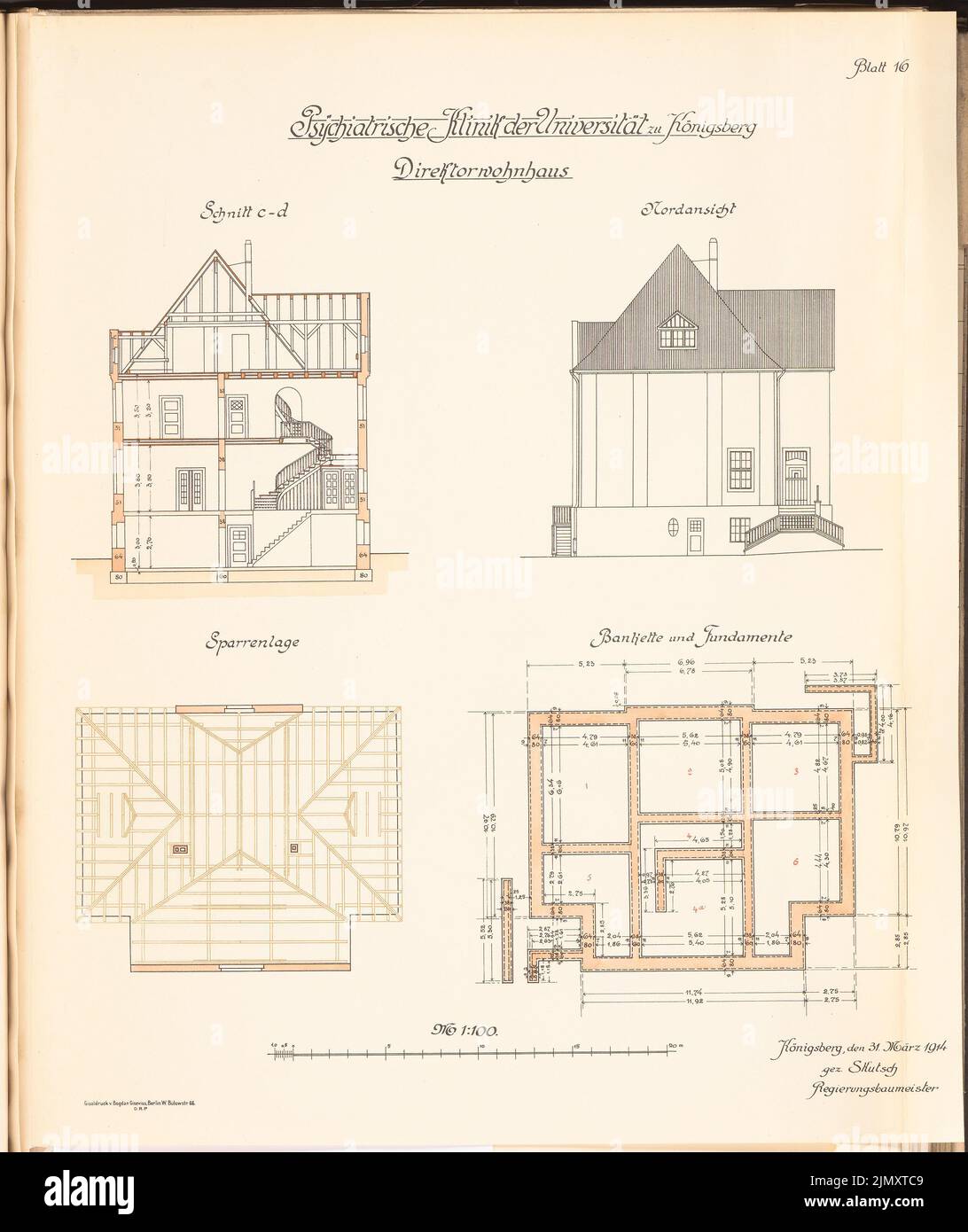 Architecte inconnu, clinique psychiatrique de l'Université Albertus Königsberg (env 1914-1918): Maison du directeur: Cut, vue du nord, plan de plancher DG, fondations 1: 100. Lithographie colorée sur papier, 61 x 51,2 cm (y compris les bords de numérisation) Banque D'Images