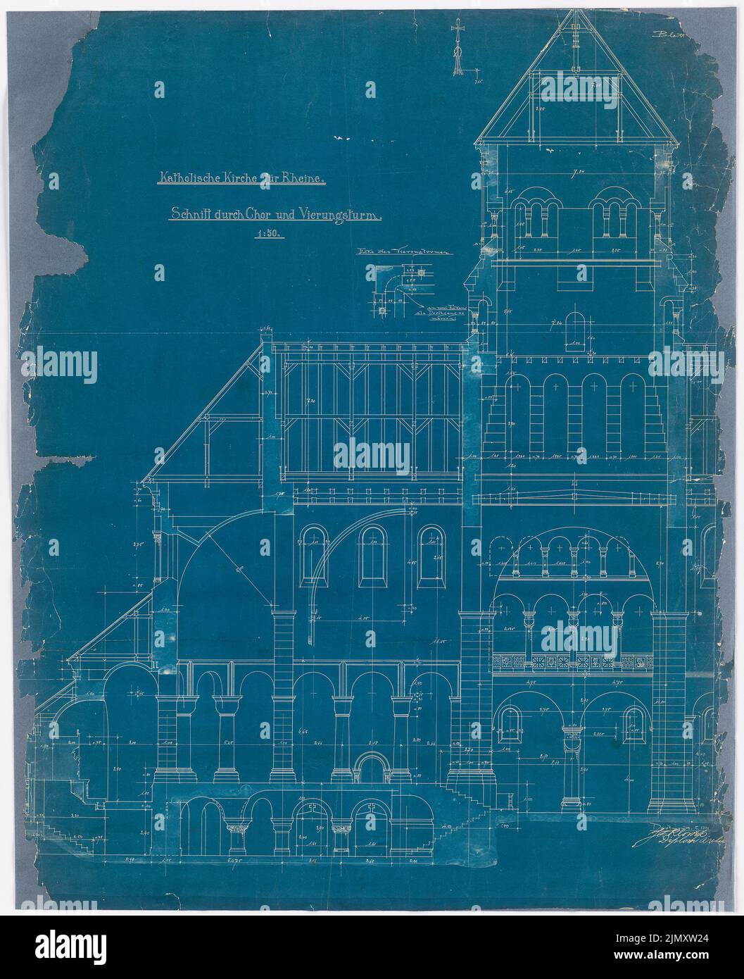 Klomp Johannes Franziskus (1865-1946), Saint-Antonius von Padoue, Rheine (05,1901): Coupé par choeur et tour de traversée 1:50. Photocalque sur papier, 97,2 x 79,1 cm (y compris les bords de numérisation) Banque D'Images