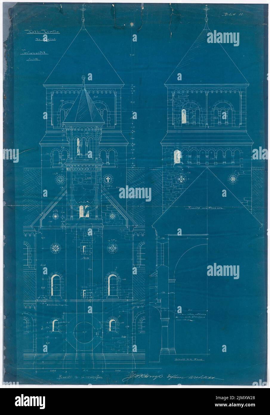 Klomp Johannes Franziskus (1865-1946), Saint-Antonius von Padoue, Rheine (04,01.): Sous-vue du transept et coupé à travers le choeur 1:50. Photocalque sur papier, 99,7 x 69,5 cm (y compris les bords de numérisation) Banque D'Images