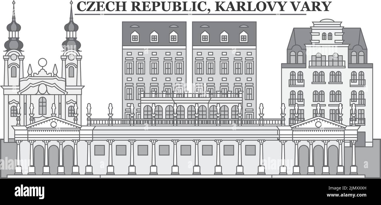 République tchèque, Karlovy Vary ville horizon illustration vectorielle isolée, icônes Illustration de Vecteur