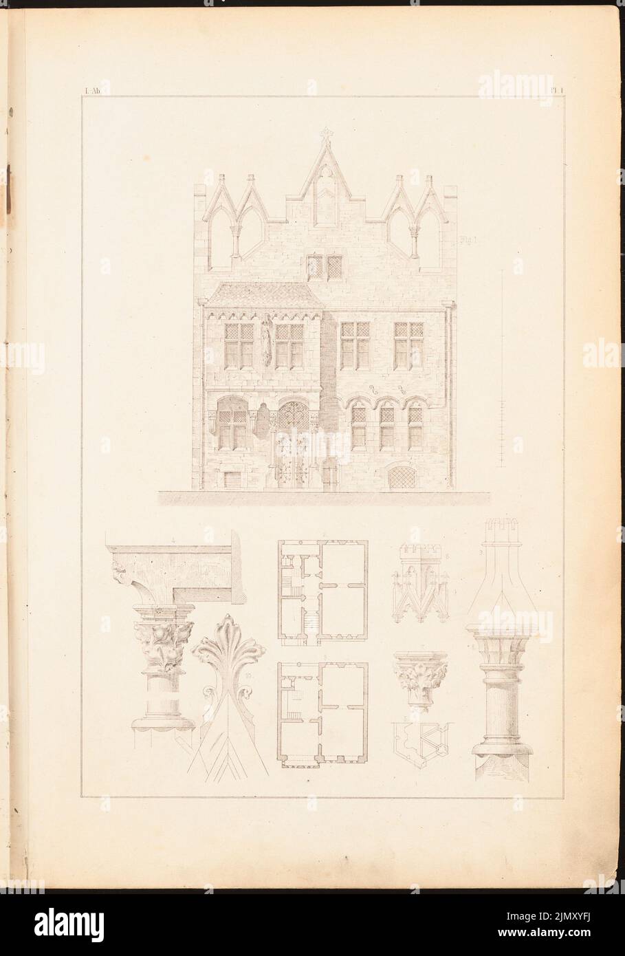 Storm Gottlob (1820-1864), petite maison. (De: Dessins sur les maisons de ville et de campagne, 2nd Ed., Glogau.) (Sans DAT.) : plans d'étage, affichage, détails. Lithographie sur papier, 44,6 x 31,2 cm (y compris les bords de numérisation) Banque D'Images