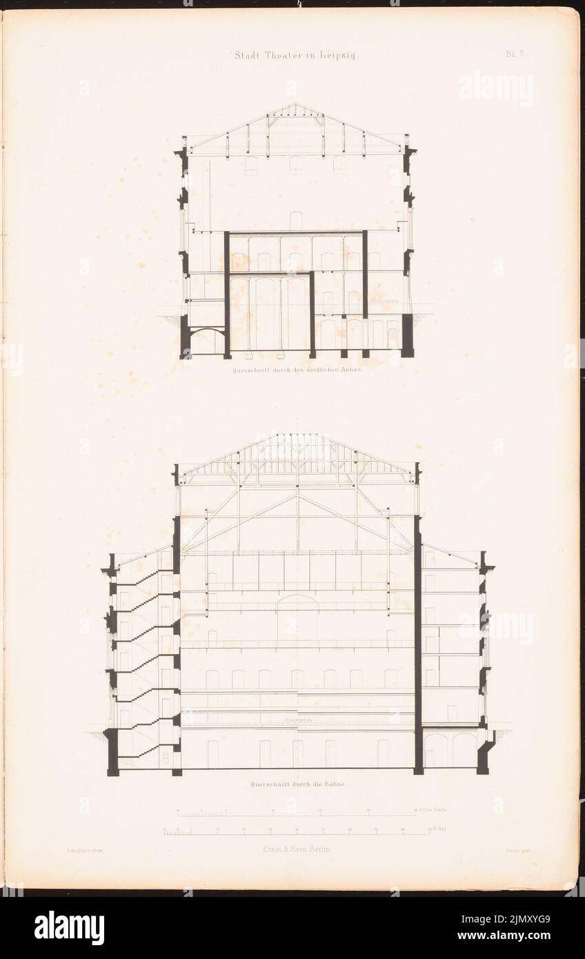 Langhans Carl Ferdinand (1782-1869), théâtre municipal de Leipzig, Berlin 1870 (1870-1870) : sections transversales. Couture sur papier, 45,8 x 29,9 cm (y compris les bords de numérisation) Banque D'Images