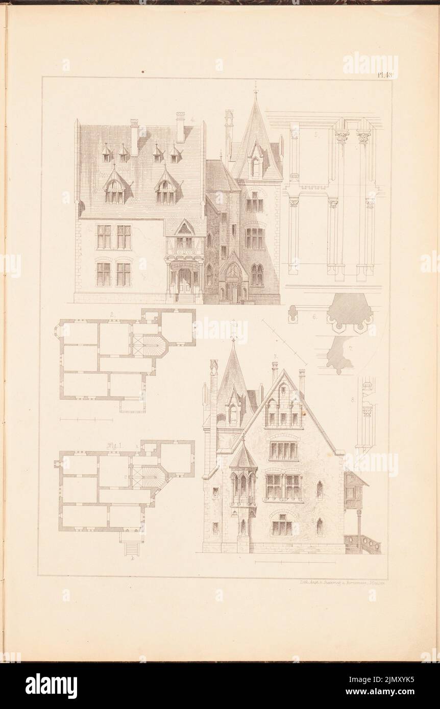 Sterior Gottlob (1820-1864), maison de jardin. (De: Dessins aux maisons de ville et de campagne, 2nd Ed., Glogau.) (Sans DAT.) : plans d'étage, vue, vue latérale, détails. Lithographie sur papier, 46 x 30,5 cm (y compris les bords de numérisation) Banque D'Images