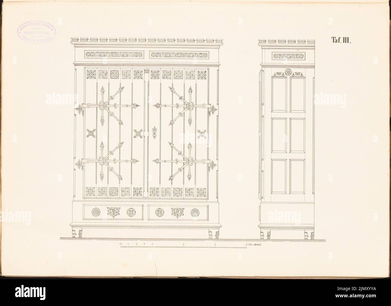 Martens Gustav Ludolf (1818-1872), cabinet de lin (de: Exécuté mobilia initialement destiné aux ouvriers en métal et charpentiers, H.1, Kiel 1859.) (1859-1859) : affichage, affichage de page. Impression sur papier, 32,5 x 45,6 cm (bords de numérisation inclus) Banque D'Images