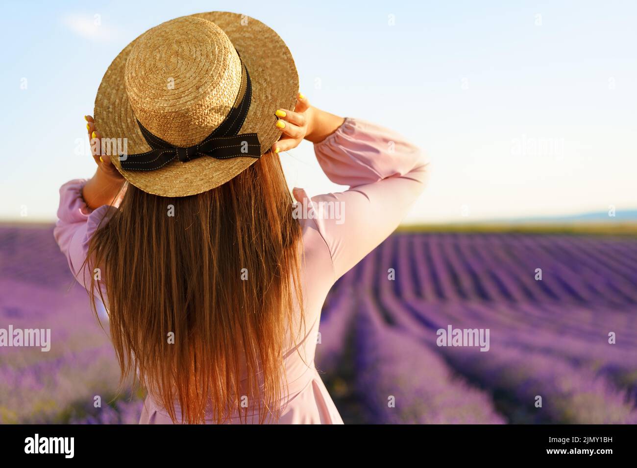 Vue arrière d'une jolie jeune fille en robe debout dans le champ de lavande Banque D'Images