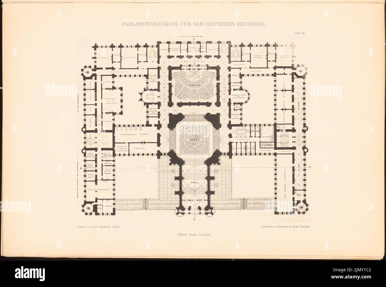 Scott George Gilbert (1811-1878), bâtiment parlementaire du Reichstag allemand à Berlin en 1872. (De : rassembler un dossier d'excellentes conceptions concurrentielles H. 4, 1882.) (1872-1872): Grundriss EG. Légère pression sur le papier, 32,9 x 48,8 cm (y compris les bords de numérisation) Banque D'Images