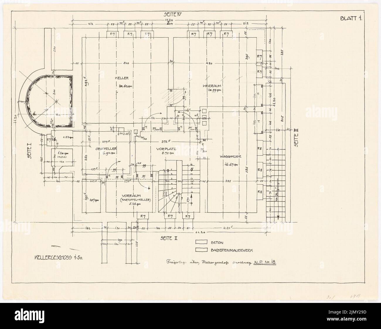 Rüster Emil (1883-1949), immeuble résidentiel Hauser à Solln (1910-1911): Grundriss KG 1:50. Encre et crayon sur papier, 34,9 x 43,9 cm (y compris les bords de numérisation) Banque D'Images