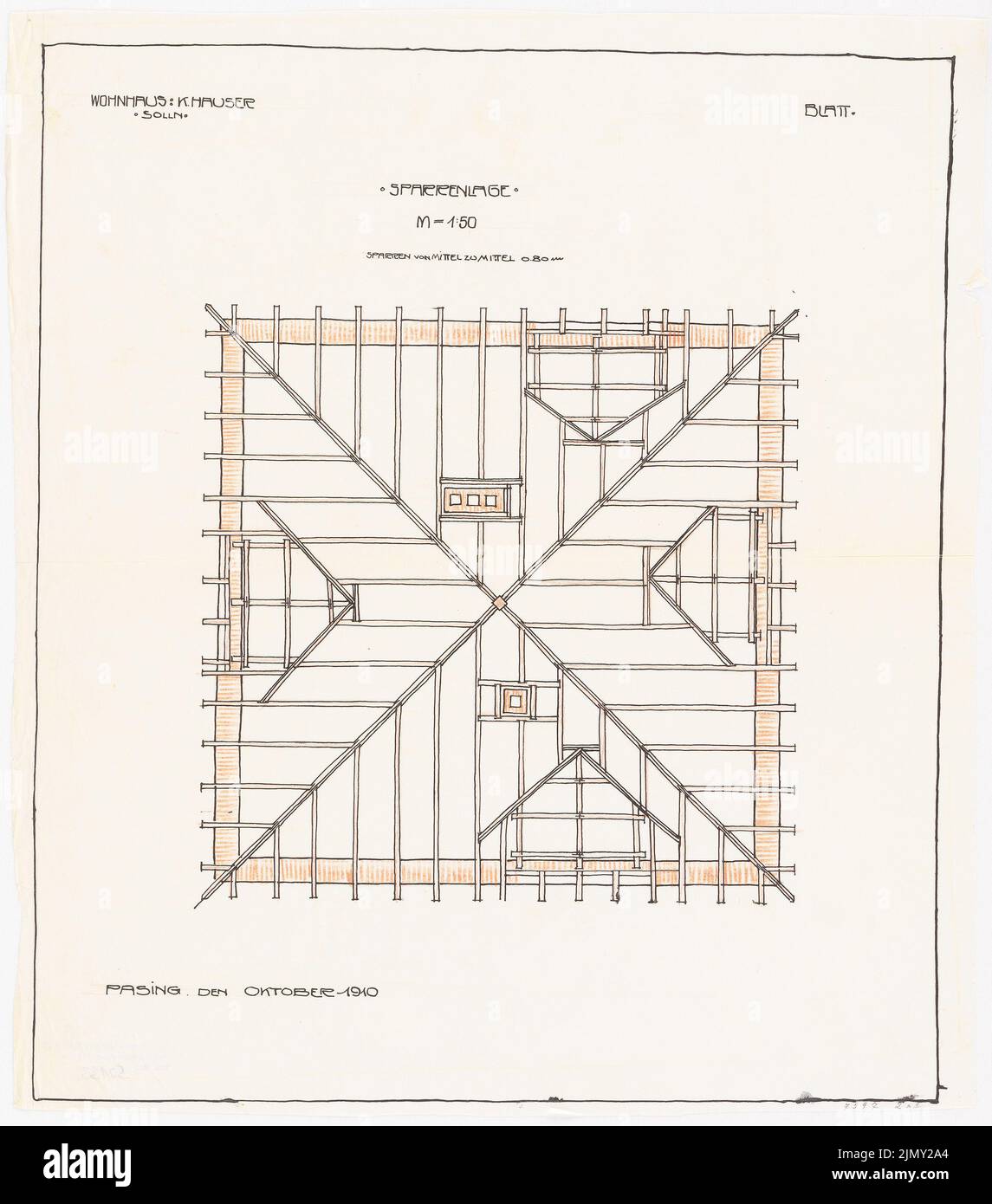 Rüster Emil (1883-1949), Hauser, immeuble résidentiel de Solln (10,1910): Plan d'étage rafters 1:50. Encre et crayon de couleur sur transparent, 44 x 38,7 cm (y compris les bords de numérisation) Banque D'Images