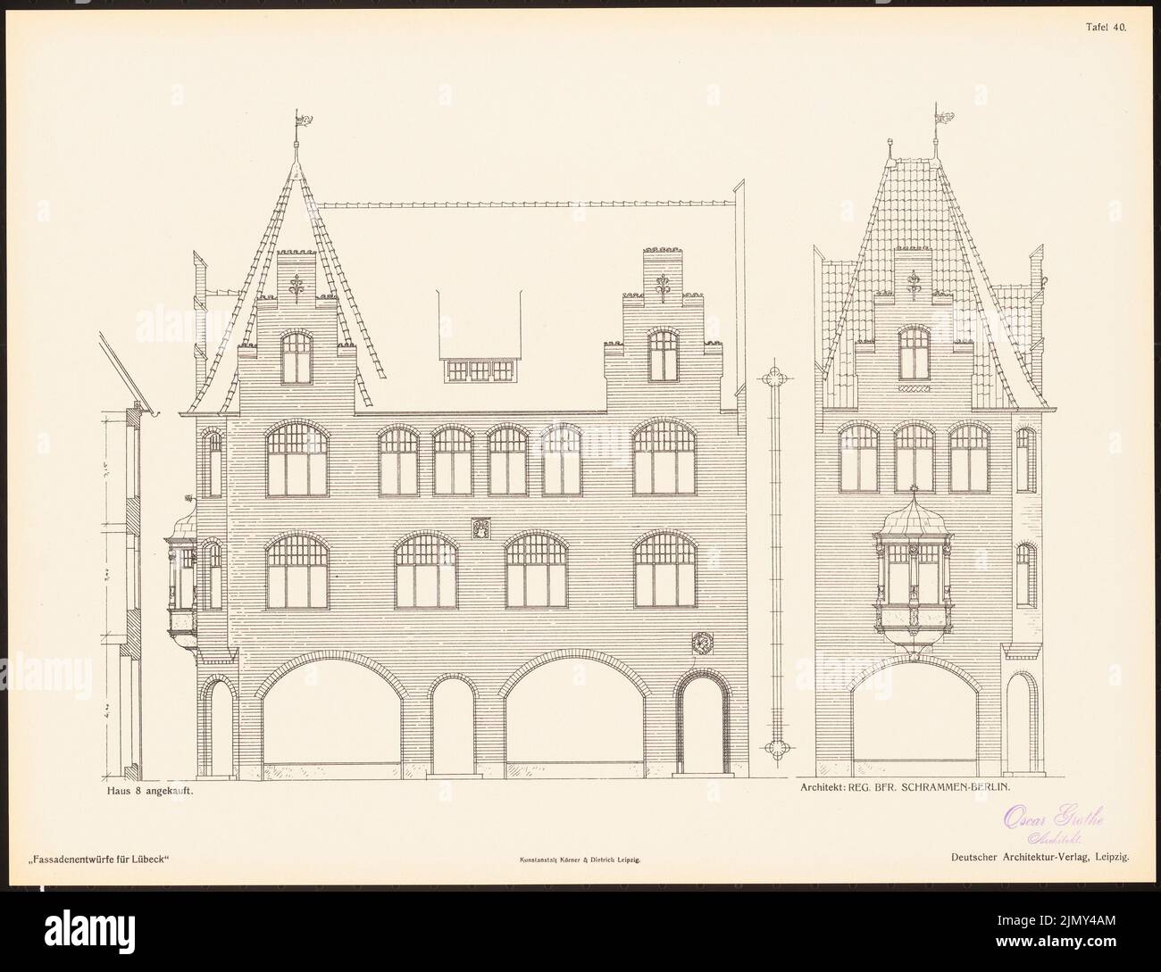 Scraps Jacob, dessins de façade pour Lübeck. Le résultat d. Concours, annoncé d. Association des amateurs d'art à Lübeck, édition. V. Richard Landé, Leipzig 1 (1901-1901): Vues, façade coupée verticalement. Pression sur le papier, 32,8 x 42,6 cm (y compris les bords de numérisation) Banque D'Images