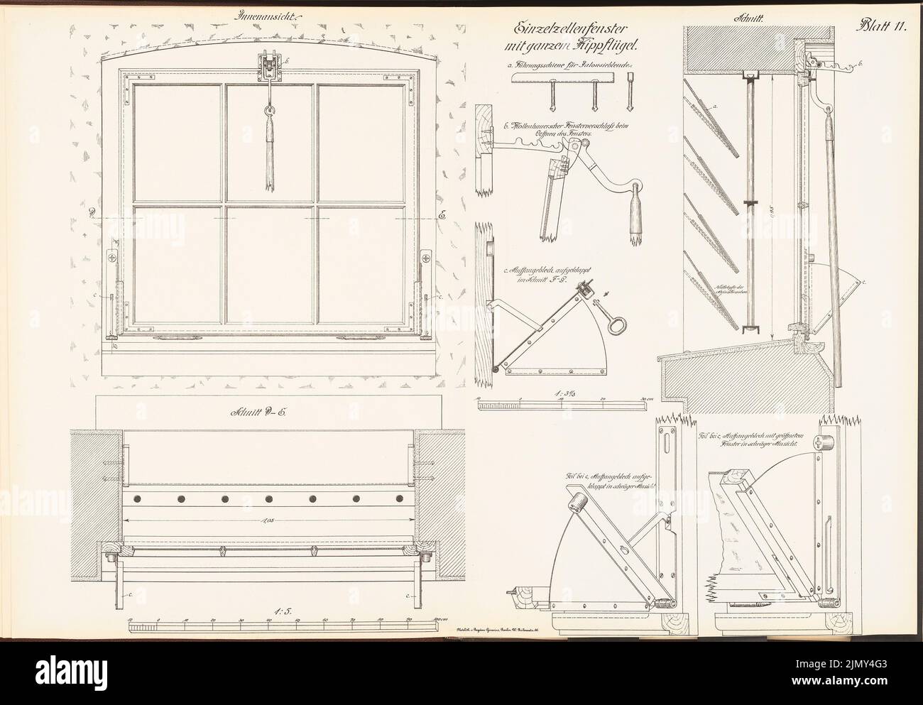 Ministère du travail public, fenêtres à cellule unique avec une volaille de kip entière (à partir de: Exemples de dessins pour l'expansion des prisons en Prusse, éditer. , 45,7 x 65,8 cm (y compris les bords de numérisation) Banque D'Images