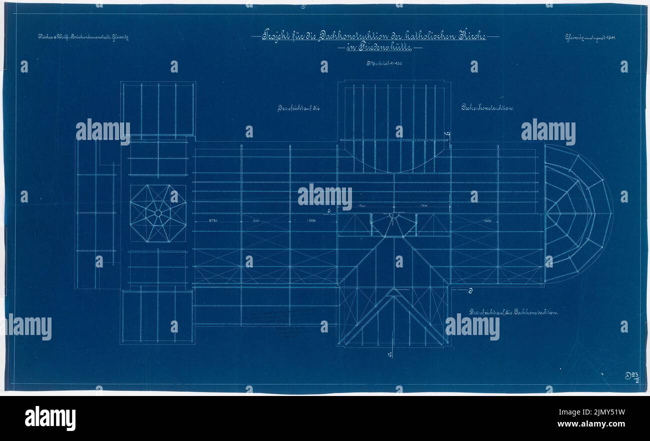 Klomp Johannes Franziskus (1865-1946), Eglise Paulus et presbytère, Nowy Bytom (ancien Friedenshütte) (08,1911) : supervision de la structure du toit 1 : 100. Photocalque sur papier, 48,2 x 79,1 cm (y compris les bords de numérisation) Banque D'Images