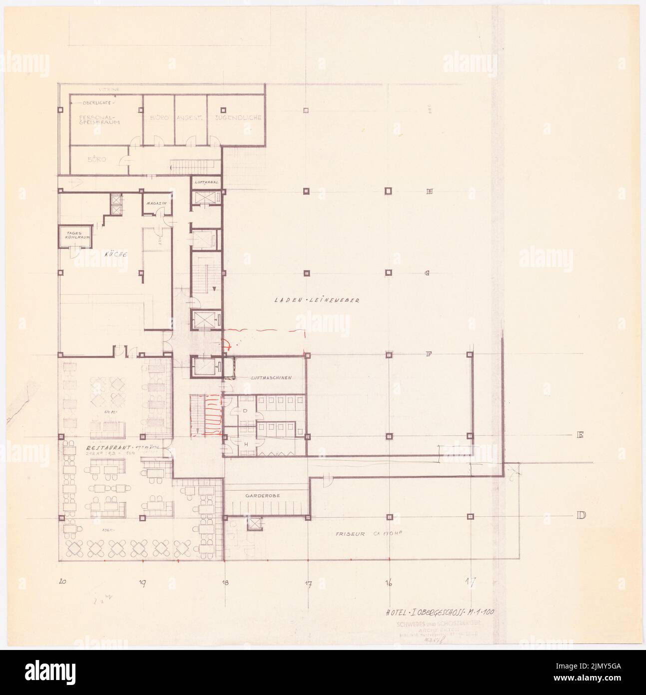 Schweges & Schoszberger, projet inconnu (hôtel) (sans dat.): Plan d'étage 1: 100. Feutre sur une cassure du papier, 60,2 x 59,9 cm (y compris les bords de numérisation) Banque D'Images