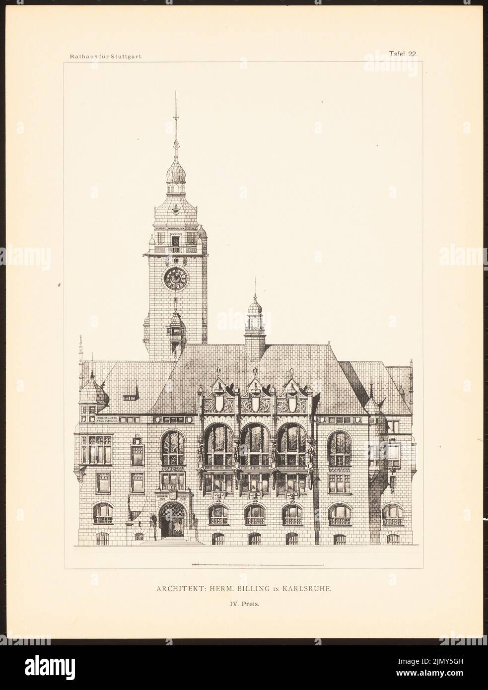 Billing Hermann (1867-1946), dessins compétitifs pour une mairie de Stuttgart. V. W. Kick, Stuttgart 1895 (1895-1895): Voir. Légère pression sur le papier, 34 x 25,7 cm (y compris les bords de numérisation) Banque D'Images