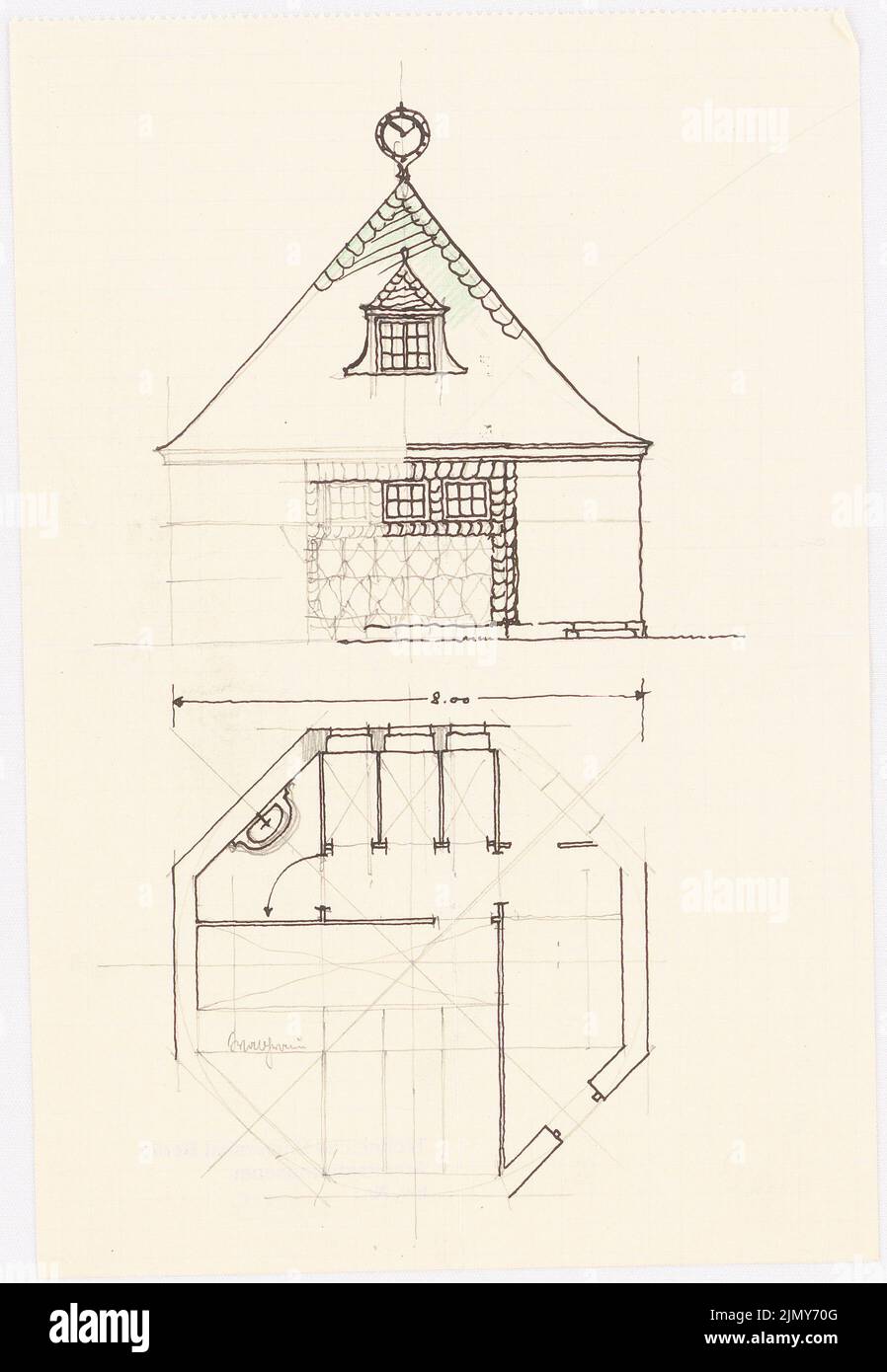 Rüster Emil (1883-1949), Milk Pavilion (1913): Vue et plan d'étage. Encre, crayon de couleur et crayon sur papier, 22 x 15,2 cm (y compris les bords de numérisation) Banque D'Images