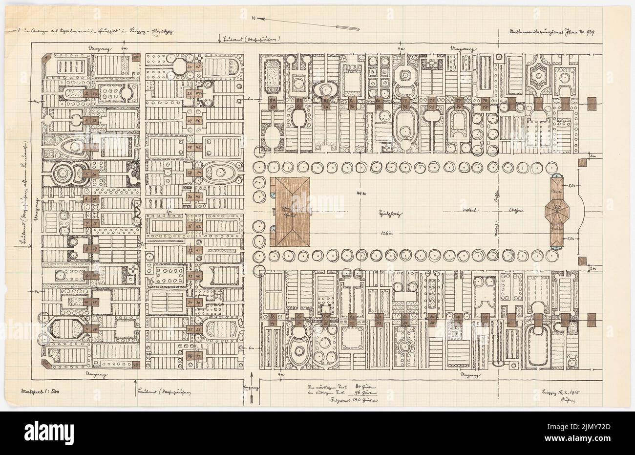 Rüster Emil (1883-1949), installation de l'association d'allotissement à Leipzig (16.02.1915): Plan de plancher 1: 500. Encre et crayon de couleur sur papier, 30,8 x 47,6 cm (y compris les bords de numérisation) Banque D'Images