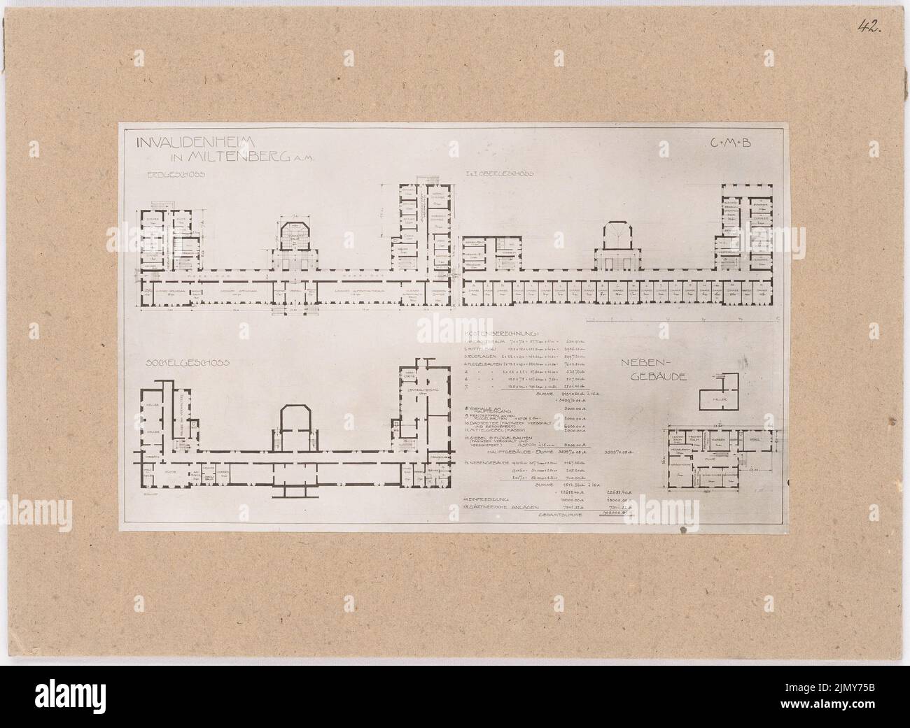 Rüster Emil (1883-1949), Invalidenheim à Miltenberg (sans date): Grundrisse EG et fondations, plans d'étage pour la construction de dépendances Keller et EG. Photo sur papier, 26 x 35,5 cm (bords de numérisation inclus) Banque D'Images