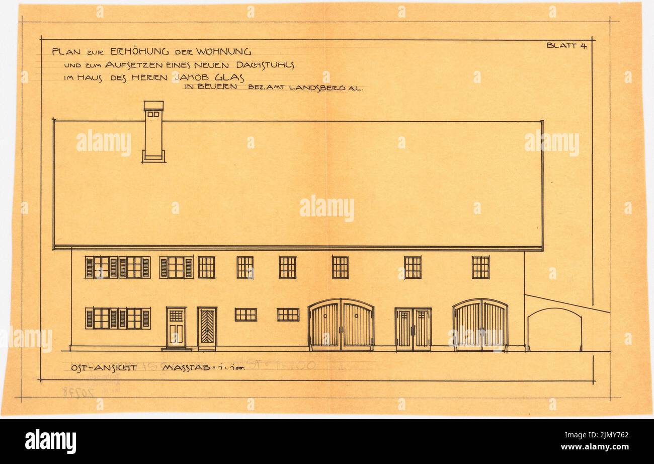 Rüster Emil (1883-1949), agrandissement d'un immeuble résidentiel à Landsberg (env 1905-1909): Vue de l'est 1: 100. Encre sur transparent, 23,5 x 36,7 cm (y compris les bords de numérisation) Banque D'Images