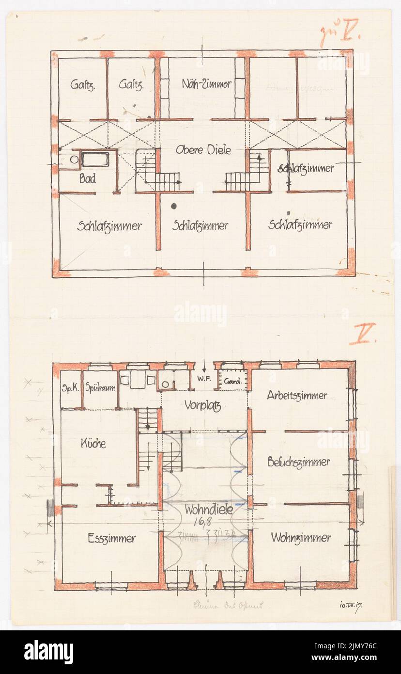 Rüster Emil (1883-1949), Landhaus (07/10/1917): Grundrisse EG et OG. Crayon, crayon et encre de couleur sur papier, 33,3 x 21,2 cm (y compris les bords de numérisation) Banque D'Images