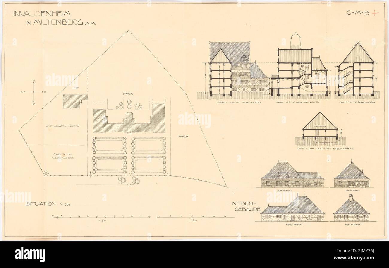 Rüster Emil (1883-1949), Invalidenheim à Miltenberg (sans date): Plan de département 1: 500, 2 coupes et vue du nord-ouest, vues et coupe à travers la construction. Encre et crayon de couleur sur carton, 54,8 x 88,4 cm (y compris les bords de numérisation) Banque D'Images