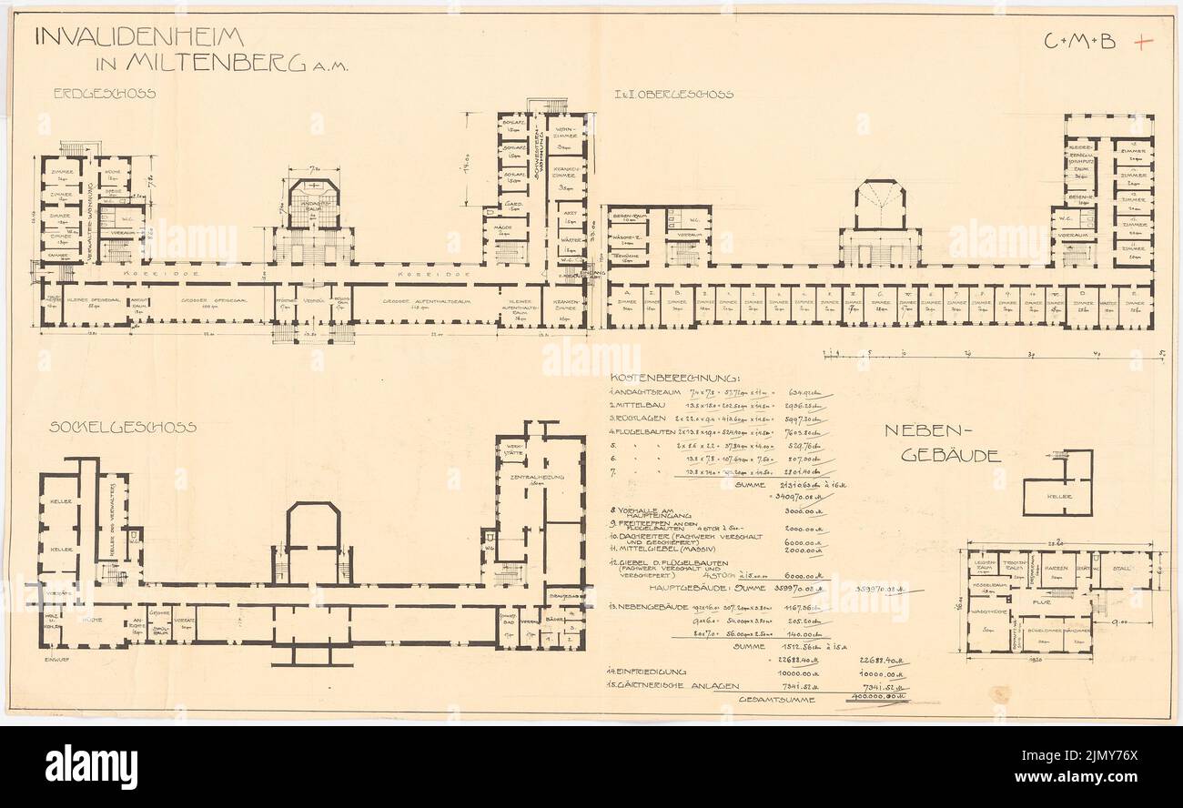 Rüster Emil (1883-1949), Invalidenheim à Miltenberg (sans date): Grundrisse EG et fondations, plans d'étage pour la construction de dépendances Keller et EG. Crayon et encre sur carton, 55,5 x 90,4 cm (y compris les bords de numérisation) Banque D'Images