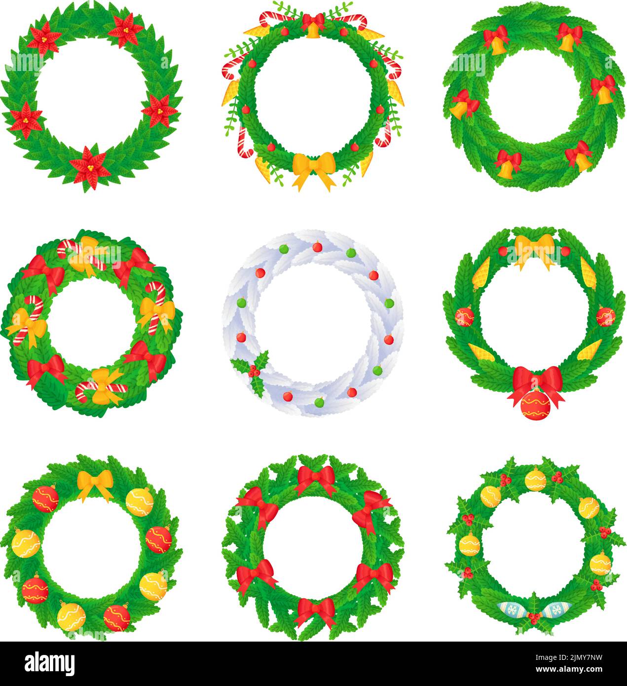 Ensemble couronne de Noël avec boules boucles cloches bonbon et fleurs dans le style de dessin animé Illustration de Vecteur