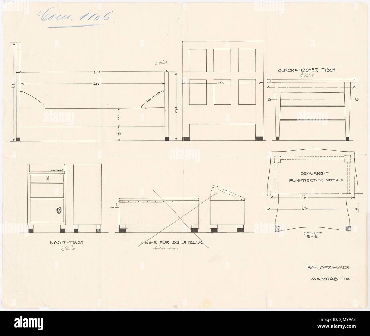 Rüster Emil (1883-1949), meubles divers (sans date): Lit, table, table de chevet, coffre: Vues détaillées 1:10. Crayon et encre sur papier, 40,6 x 48,4 cm (y compris les bords de numérisation) Banque D'Images
