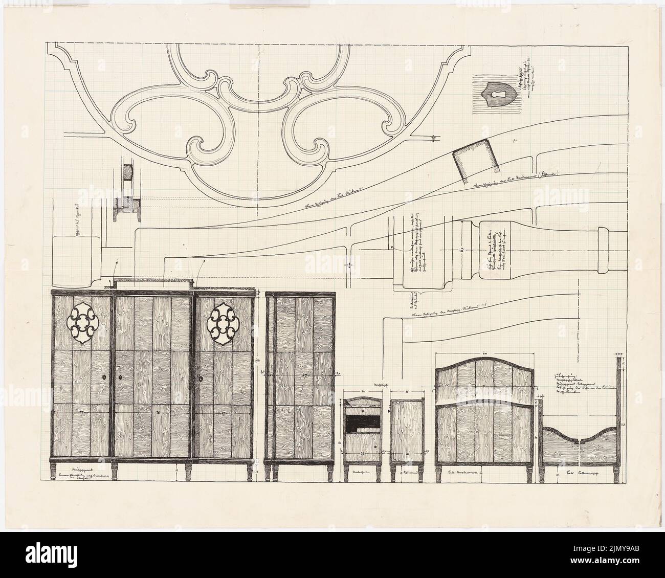 Rüster Emil (1883-1949), meubles divers (sans date): Armoire, table de chevet, lit: Vue détaillée. Encre sur papier, 54,5 x 68,2 cm (y compris les bords de numérisation) Banque D'Images