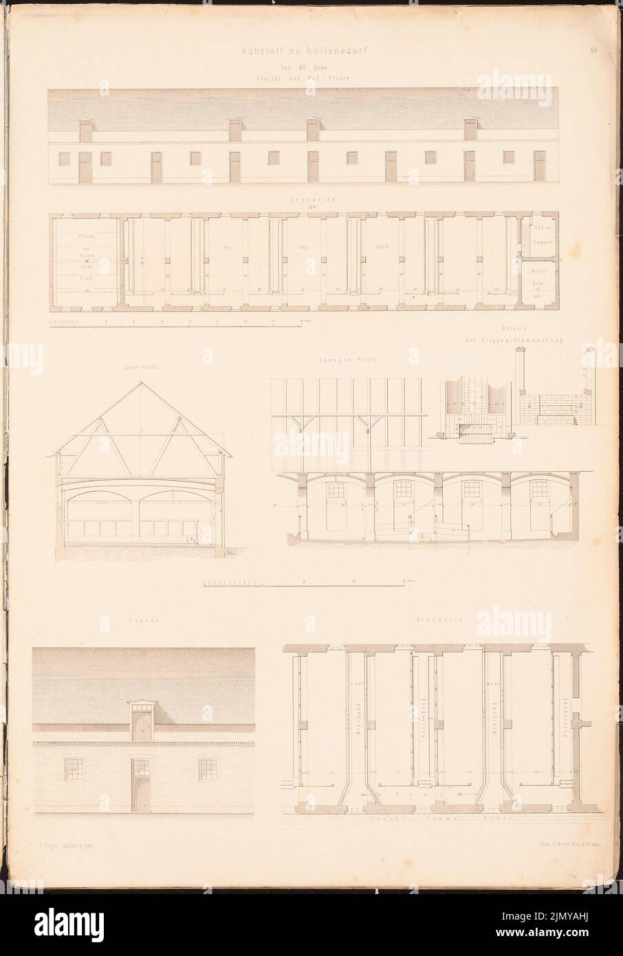 Angel Friedrich, lâche pour 80 vaches, Bollensdorf. (Depuis : Agriculture et terre. Exécutions de bâtiments. À l'instigation de Königl. PR. High State Economic College, (1856-1856): Plan d'étage, vue de la cour, coupe transversale, section longitudinale, détails sur papier, 49,2 x 34, 3 cm (y compris les bords de numérisation) Banque D'Images