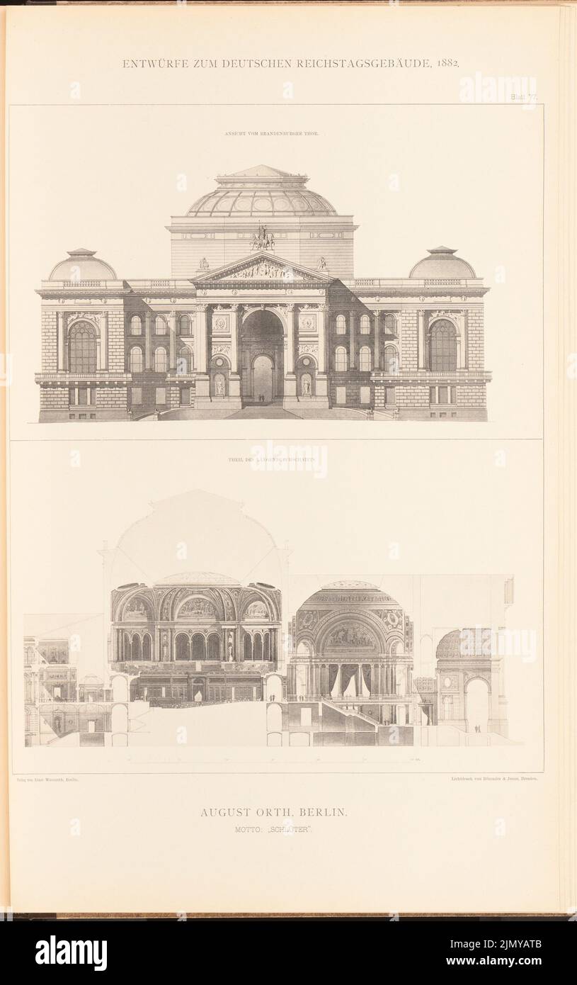 Orth August (1828-1901), bâtiment parlementaire pour le Reichstag allemand à Berlin en 1882. (De : dossier de collecte de conceptions concurrentes excellentes H. 6, Ed. Papier, 46,7 x 29,3 cm (y compris les bords de numérisation) Banque D'Images